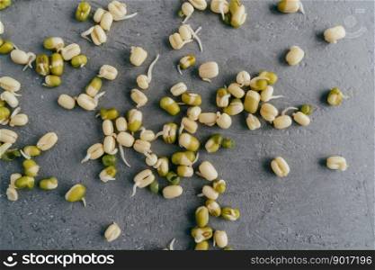 Sprouted mung beans isolated on grey textured background. Green soybeans sprouts. Healthy and wellness diet concept. Organic gram.