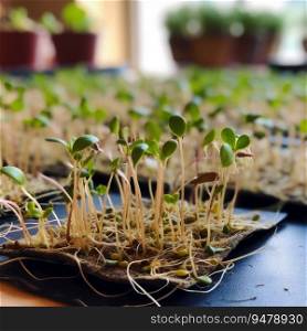 Sprouting microgreens on the hemp biodegradable mats. Generative AI