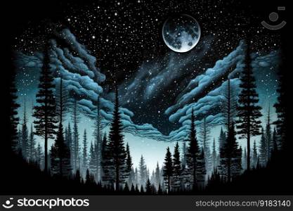 spruce forest at night, with stars and moon shining above, created with generative ai. spruce forest at night, with stars and moon shining above