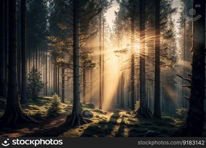 spruce forest at sunrise, with rays of sunlight filtering through the trees, created with generative ai. spruce forest at sunrise, with rays of sunlight filtering through the trees