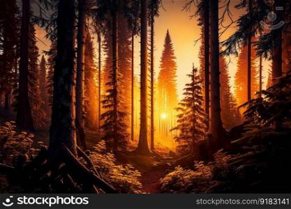 spruce forest at sunrise, with warm glow of the rising sun shining through the trees, created with generative ai. spruce forest at sunrise, with warm glow of the rising sun shining through the trees