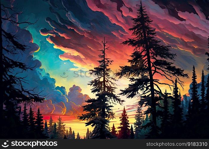 spruce forest at sunset, with vibrant colors and dramatic sky, created with generative ai. spruce forest at sunset, with vibrant colors and dramatic sky