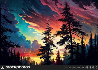 spruce forest at sunset, with vibrant colors and dramatic sky, created with generative ai. spruce forest at sunset, with vibrant colors and dramatic sky