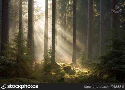 spruce forest with misty morning sunlight, created with generative ai. spruce forest with misty morning sunlight