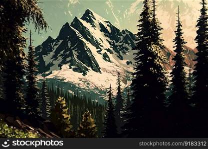 spruce forest with mountain background, towering above the trees, created with generative ai. spruce forest with mountain background, towering above the trees