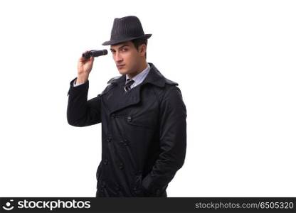 Spy with binoculars isolated on white background