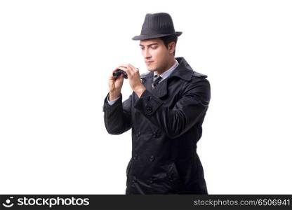Spy with binoculars isolated on white background