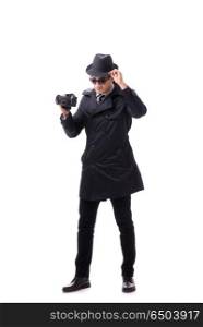 Spy with camera taking pictures isolated on white