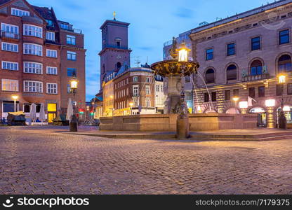 Square Amagertorv Stork fountain in night lighting at sunrise. Copenhagen. Denmark.. Copenhagen. Square Amagertorv.