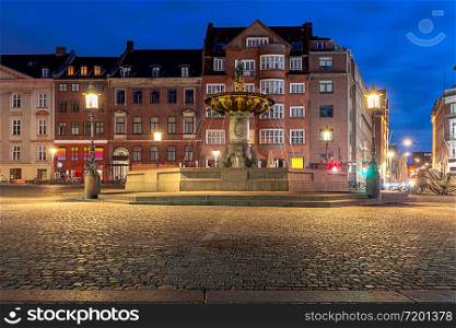 Square Amagertorv Stork fountain in night lighting at sunrise. Copenhagen. Denmark.. Copenhagen. Square Amagertorv.