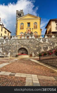 square and church in Pontedilegno, small town in Val Camonica, Lombardy, Italy