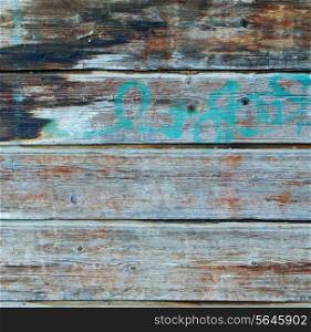 Square azure and brown wood plank wall texture background.