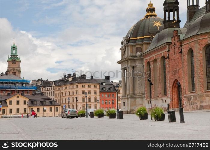 "square (Birger Jarls Torg) near Riddarholmskyrkan ("Knights church) in Stockholm, Sweden"