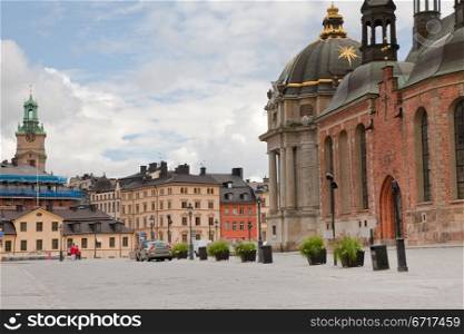 "square (Birger Jarls Torg) near Riddarholmskyrkan ("Knights church) in Stockholm, Sweden"