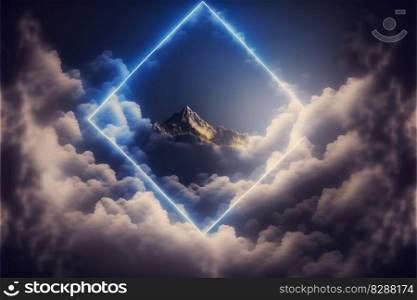 Square border glowing frame with neon light in the sky. Abstract of futuristic geometric through square frame with mountain and floating white cloud background. Finest generative AI.. Square frame glowing frame with neon light in the sky with cloud and mountain.