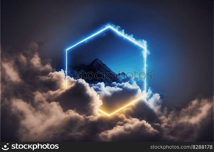 Square border glowing frame with neon light in the sky. Abstract of futuristic geometric through square frame with mountain and floating white cloud background. Finest generative AI.. Square frame glowing frame with neon light in the sky with cloud and mountain.