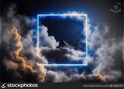Square border glowing frame with≠on light in the sky. Abstract of futuristic≥ometric through square frame with mountain and floating white cloud background. Fi≠st≥≠rative AI.. Square frame glowing frame with≠on light in the sky with cloud and mountain.