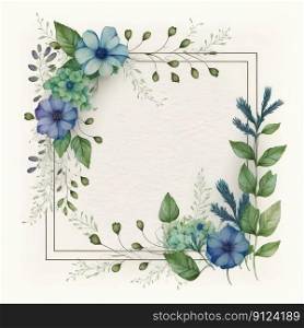 Square frame of blue flower and green leaves with watercolor painting isolated on white background. Theme of vintage minimal art design in geometric. Finest generative AI.. Square frame of blue flower and green leaves with watercolor painting.