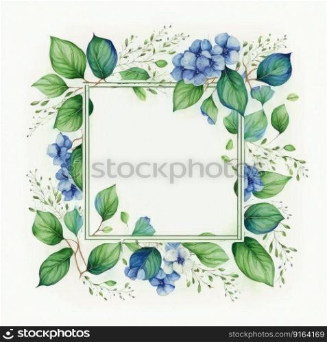 Square frame of blue flower and green leaves with watercolor painting isolated on white background. Theme of vintage minimal art design in geometric. Finest generative AI.. Square frame of blue flower and green leaves with watercolor painting.