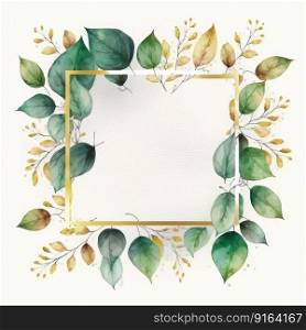 Square frame of green and golden≤aves with watercolor pa∫ing isolated on white background. Theme of v∫a≥minimal art design in≥ometric. Fi≠st≥≠rative AI.. Square frame of green and golden≤aves with watercolor pa∫ing.