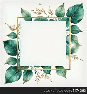 Square frame of green and golden leaves with watercolor painting isolated on white background. Theme of vintage minimal art design in geometric. Finest generative AI.. Square frame of green and golden leaves with watercolor painting.