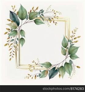 Square frame of green and golden leaves with watercolor painting isolated on white background. Theme of vintage minimal art design in geometric. Finest generative AI.. Square frame of green and golden leaves with watercolor painting.