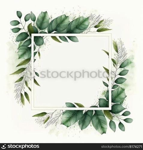 Square frame of green leaves with watercolor painting with watercolor painting isolated on white background. Theme of vintage minimal art design in geometric. Finest generative AI.. Square frame of green leaves with watercolor painting.