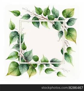 Square frame of green leaves with watercolor painting with watercolor painting isolated on white background. Theme of vintage minimal art design in geometric. Finest generative AI.. Square frame of green leaves with watercolor painting.