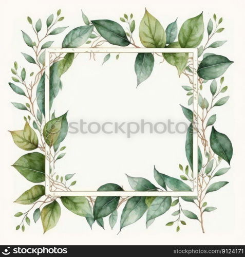 Square frame of green leaves with watercolor painting with watercolor painting isolated on white background. Theme of vintage minimal art design in geometric. Finest generative AI.. Square frame of green leaves with watercolor painting.