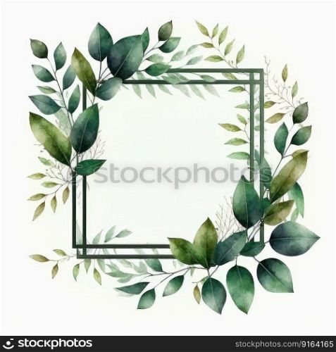 Square frame of green leaves with watercolor painting with watercolor painting isolated on white background. Theme of vintage minimal art design in geometric. Finest generative AI.. Square frame of green leaves with watercolor painting.