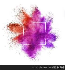 Square frame with abstract dust or powder splash in red and purple colors on a white background, copy space.. Red purple powder explosion in a frame on a white background.