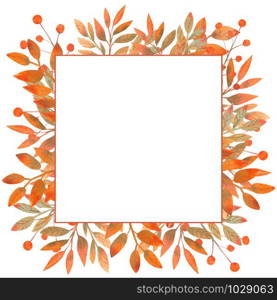 Square frame with autumn leaves on white isolated background . Watercolor illustration. Square frame with autumn leaves on white isolated background . Watercolor illustration.