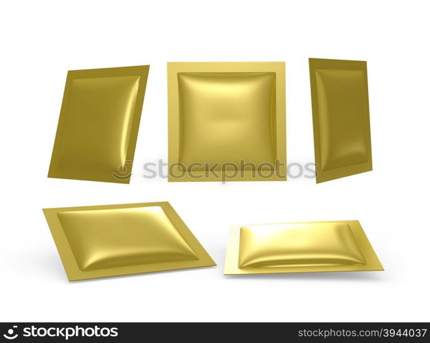 Square gold foil heat sealed packet with clipping path. Packing or wrapper for sweet, snack, milk bar, coffee, salt, sugar, medicine drug, cooling gel patch, condom, seed, or paper wipe, ready for your design or artwork