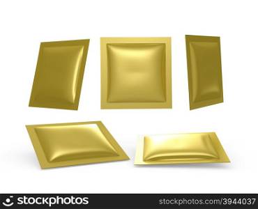 Square gold foil heat sealed packet with clipping path. Packing or wrapper for sweet, snack, milk bar, coffee, salt, sugar, medicine drug, cooling gel patch, condom, seed, or paper wipe, ready for your design or artwork