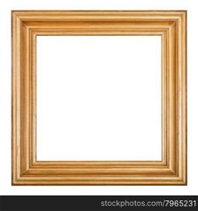 square golden lacquered wooden picture frame with cut out blank space isolated on white background