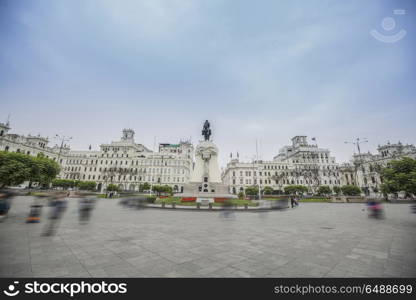 square in the center of which stands a monument to a man on a horse. Lima, Peru.. Lima, Peru.