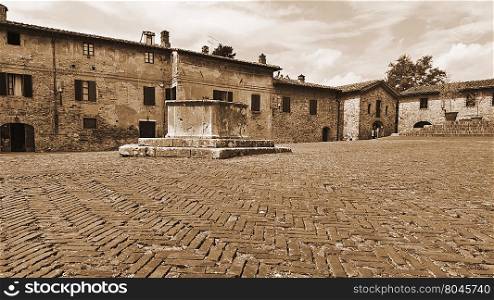 Square in the Medieval City of Gimignano in Italy, Vintage Style Sepia