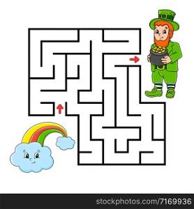 Square maze. Game for kids. Leprechaun and rainbow. Puzzle for children. Labyrinth conundrum. Color vector illustration. Isolated vector illustration. Cartoon character.