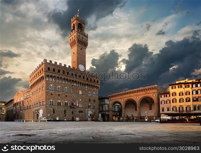 Square of Signoria in Florence at sunrise, Italy. Florence at sunrise. Florence at sunrise