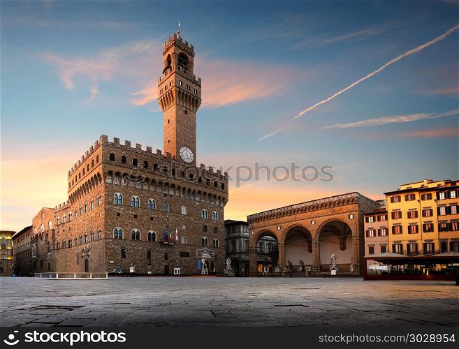 Square of Signoria in Florence at sunrise, Italy. Florence at sunset. Florence at sunset