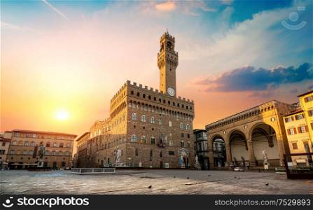 Square of Signoria in Florence at sunrise, Italy. Square of Signoria