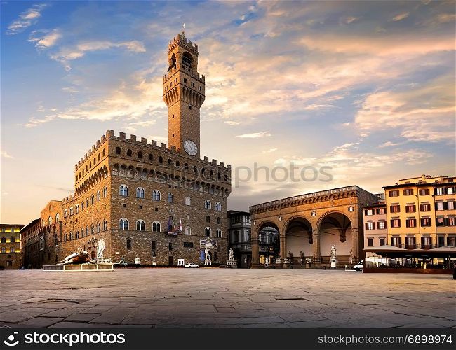 Square of Signoria in Florence at sunrise, Italy. Square of Signoria in Florence