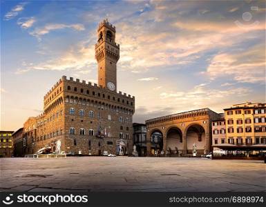 Square of Signoria in Florence at sunrise, Italy. Square of Signoria in Florence