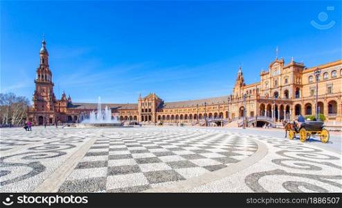 Square of Spain (Plaza de Espana) in Seville in Spain. Panoramic view