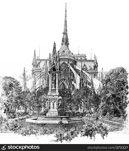 Square of the Archdiocese and apse of Notre Dame, vintage engraved illustration. Paris - Auguste VITU ? 1890.