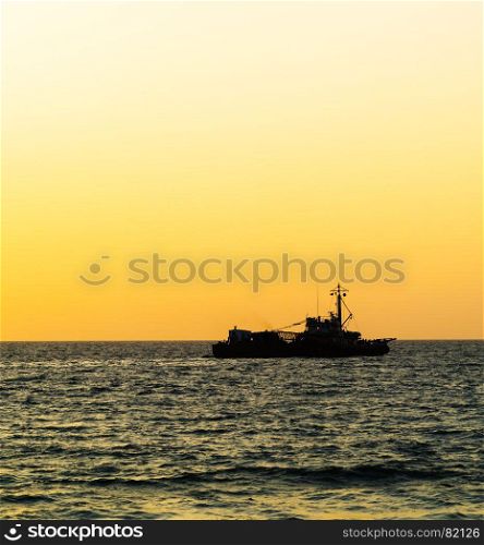 Square orange vivid ocean horizon ship silhouette background backdrop. Square orange vivid ocean horizon ship silhouette background bac
