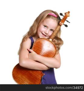 square picture of little girl in purple dress huggs violin against white studio background