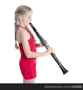 square picture of young girl in red playing the clarinet against white background