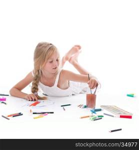square picture of young girl painting with watercolor on floor of studio against white background