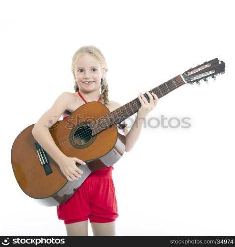square picture of young happy girl in red standing with guitar against white background